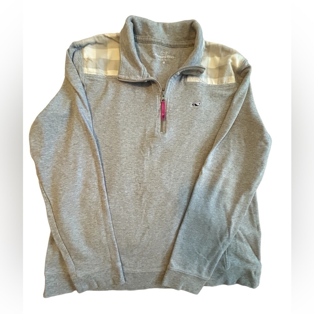 Vineyard Vines gray quarter zip with gingham checked back size medium